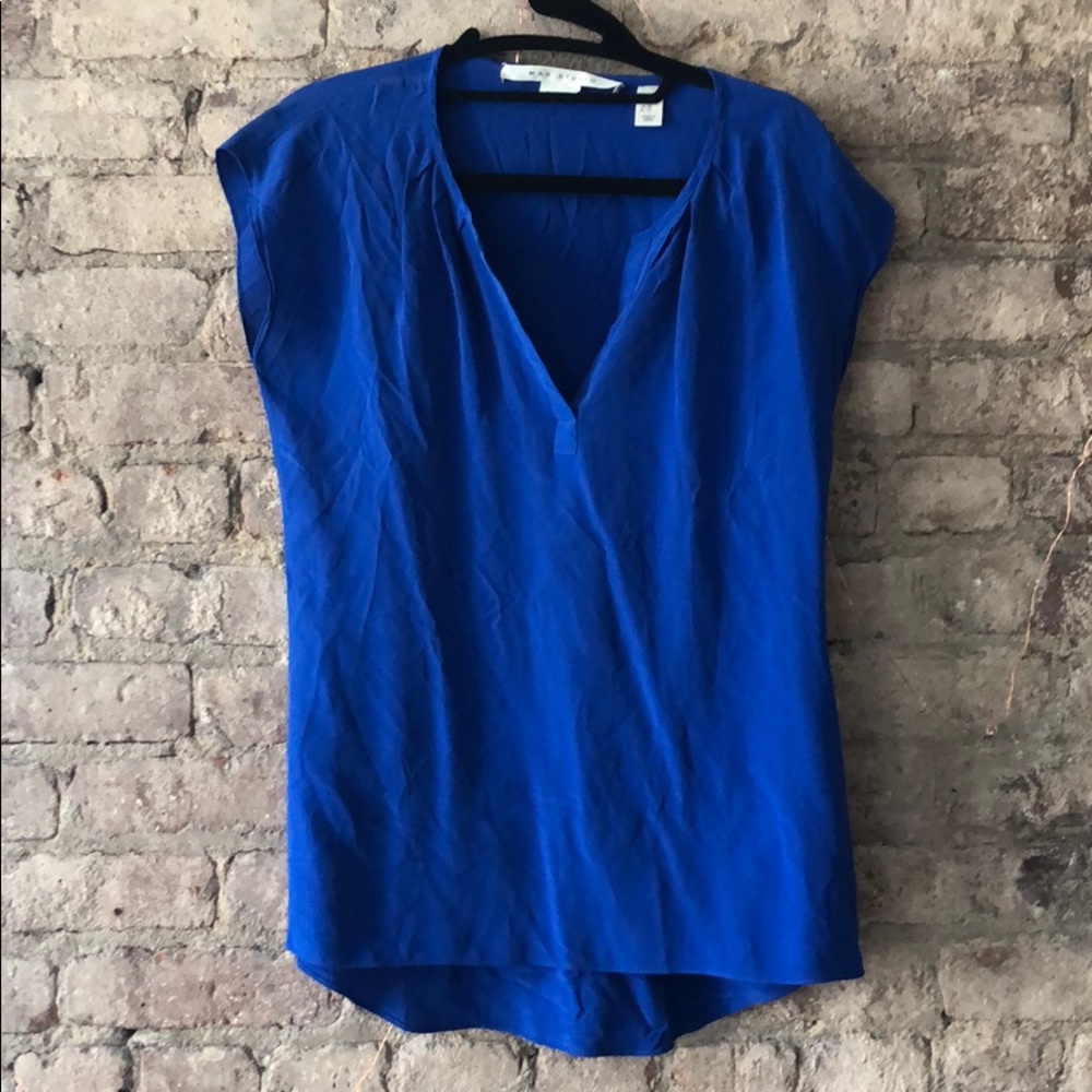 Max studio XS blue silk blouse short sleeve shirt